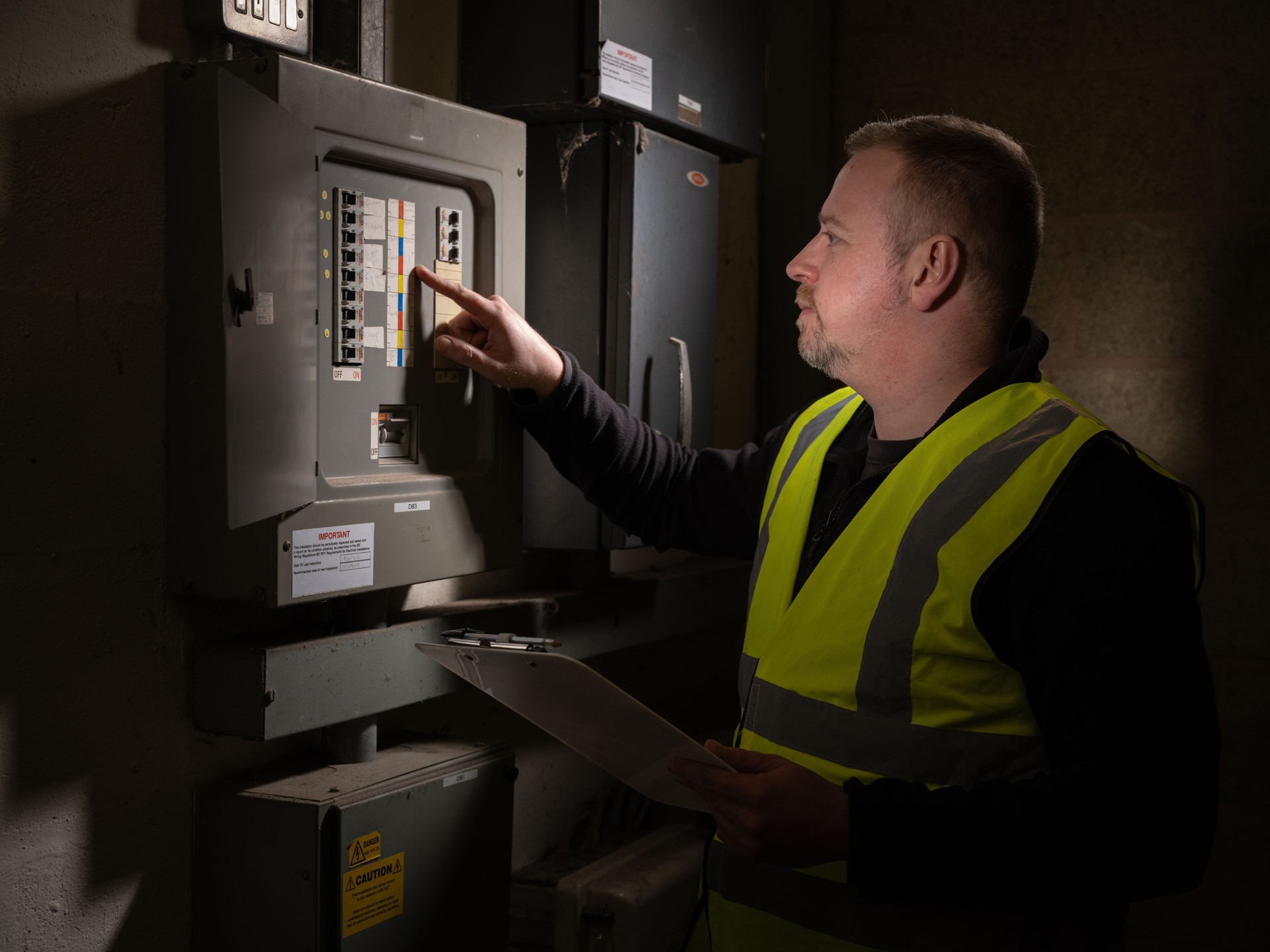 Electrical technician checking an electrical panel in the UK